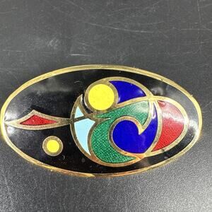 Vintage Tara Ware Enamel Oblong Celtic Knot Abstract Brooch 2” Gold Tone Black